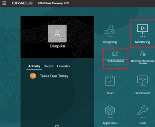 oracal home screen with monitoring and pay monitoring highlighted