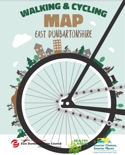 Walking and cycling map of East Dunbartonshire poster featuring a graphic of a bicycle wheel with houses, trees and people cycling running along the wheel tyre