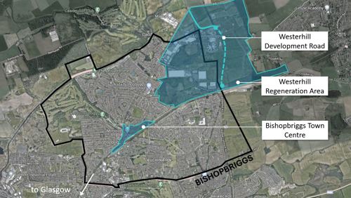 Map of Bishopbriggs from above with Westerhill Development Road, Westerhill Regeneration Area and Bishopbriggs Town Centre highlighted blue