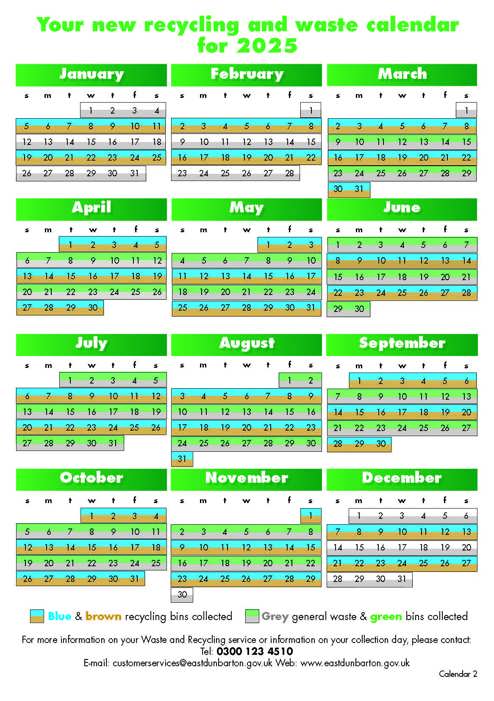 Chart showing the 2025 recycling and waste collection dates for calendar 2