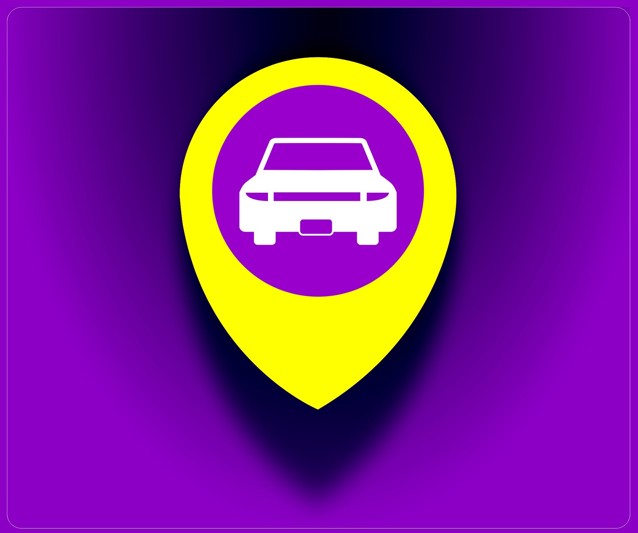 Taxi inside a yellow location icon on a purple background