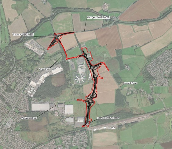 Proposed Westerhill Development Road Design from above, with the road highlighted red