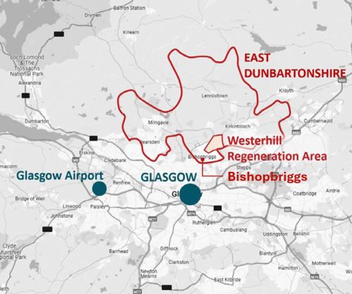 East Dunbartonshire Regeneration Area map with the area highlighted red. Glasgow Airport and Glasgow City Centre are also highlighted blue.