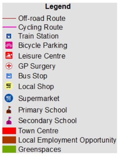 Legend Off-road Route - Cycling Route Train Station Bicycle Parking Leisure Centre → GP Surgery Bus Stop Local Shop Supermarket Primary School Secondary School Town Centre Local Employment Opportunity Greenspaces