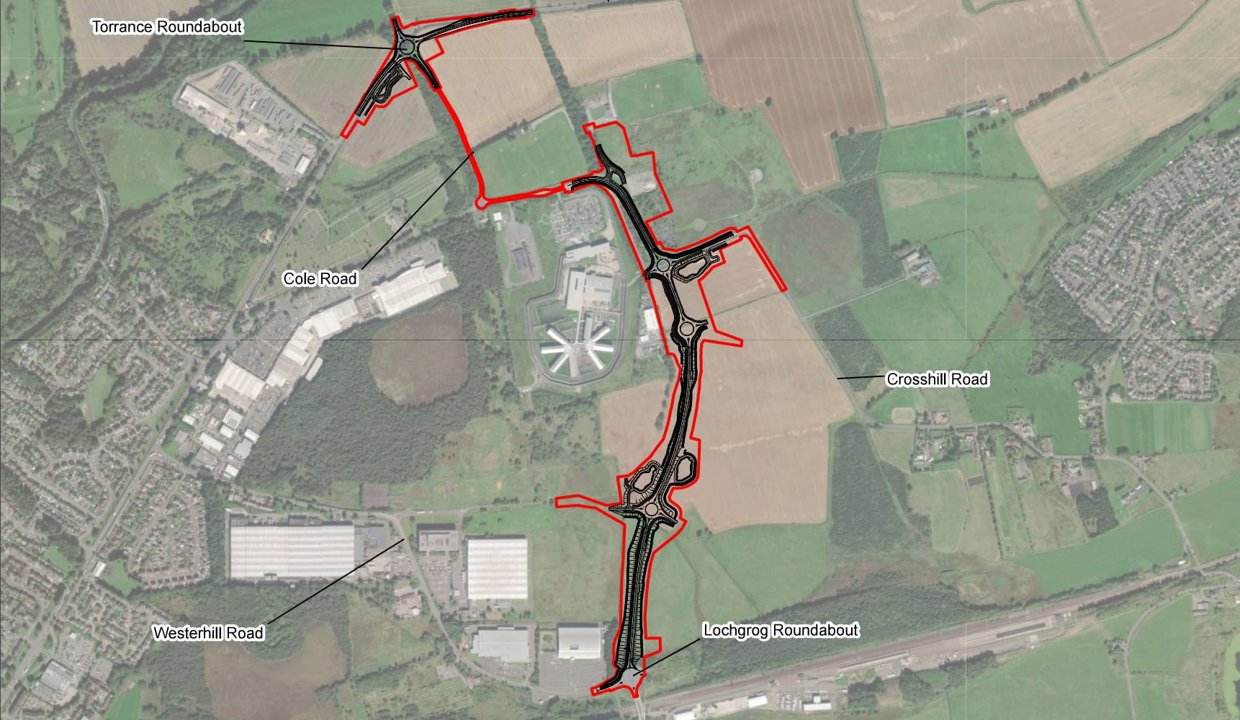 Proposed route of the Westerhill Development Road – an overhead view of a road running north from Westerhill Road, Bishopbriggs, to the A803 Kirkintilloch Road and Torrance Roundabout.