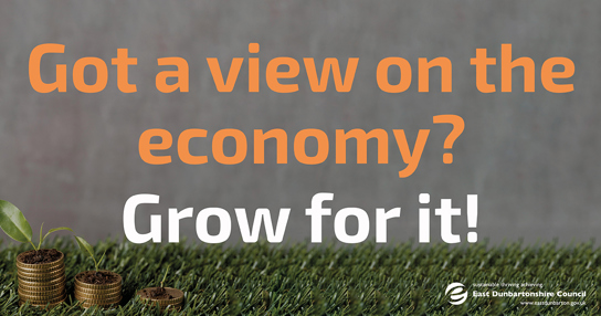 Grass and plant pots graphic with text that says 'Got a view on the economy? Grow for it!'