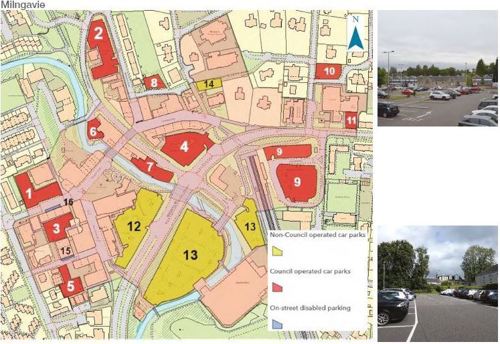 Map of Milngavie showing Council operated car parks (red), Non-Council operated car parks (yellow) and On-street disabled parking (blue)