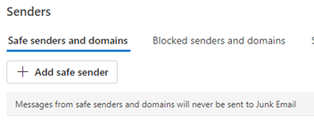 Screenshot of safe senders and domains tab