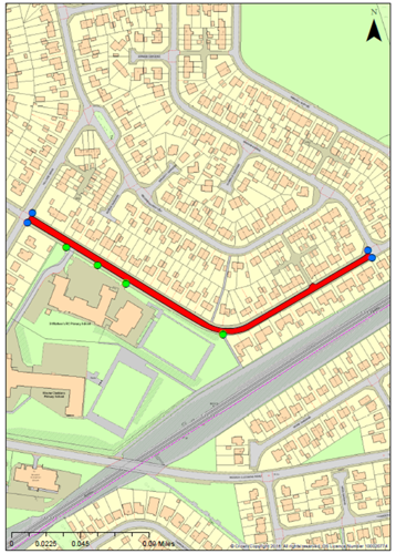 Map of area surrounding St. Matthew’s Primary School and Wester Cleddens Primary School in Bishopbriggs highlighting that •	Park Road (from its junction with Hillside Drive to its junction with Birnam Avenue) will be closed during school hours as part of the pilot. The map also shows potential sign locations.