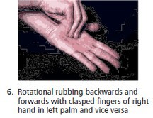 Rotational rubbing backwards and forwards with clasped fingers of right hand in left palm and vice versa