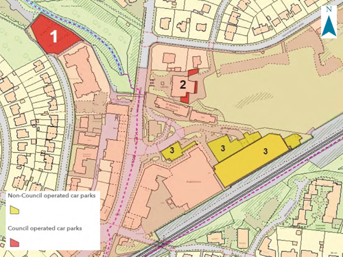 Map showing the locations Council operated car parks (red) and Non Council operated car parks (yellow)