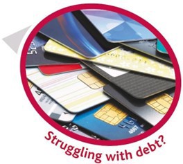 Photo of bank cards and credit cards with the words 'struggling with debt?' underneath