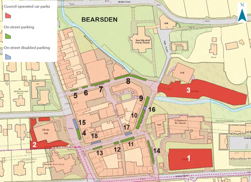 Map of Bearsden showing council parking, on-street parking and disabled parking