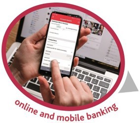 person scrolling on a touchscreen phone with the words 'online and mobile banking' underneath